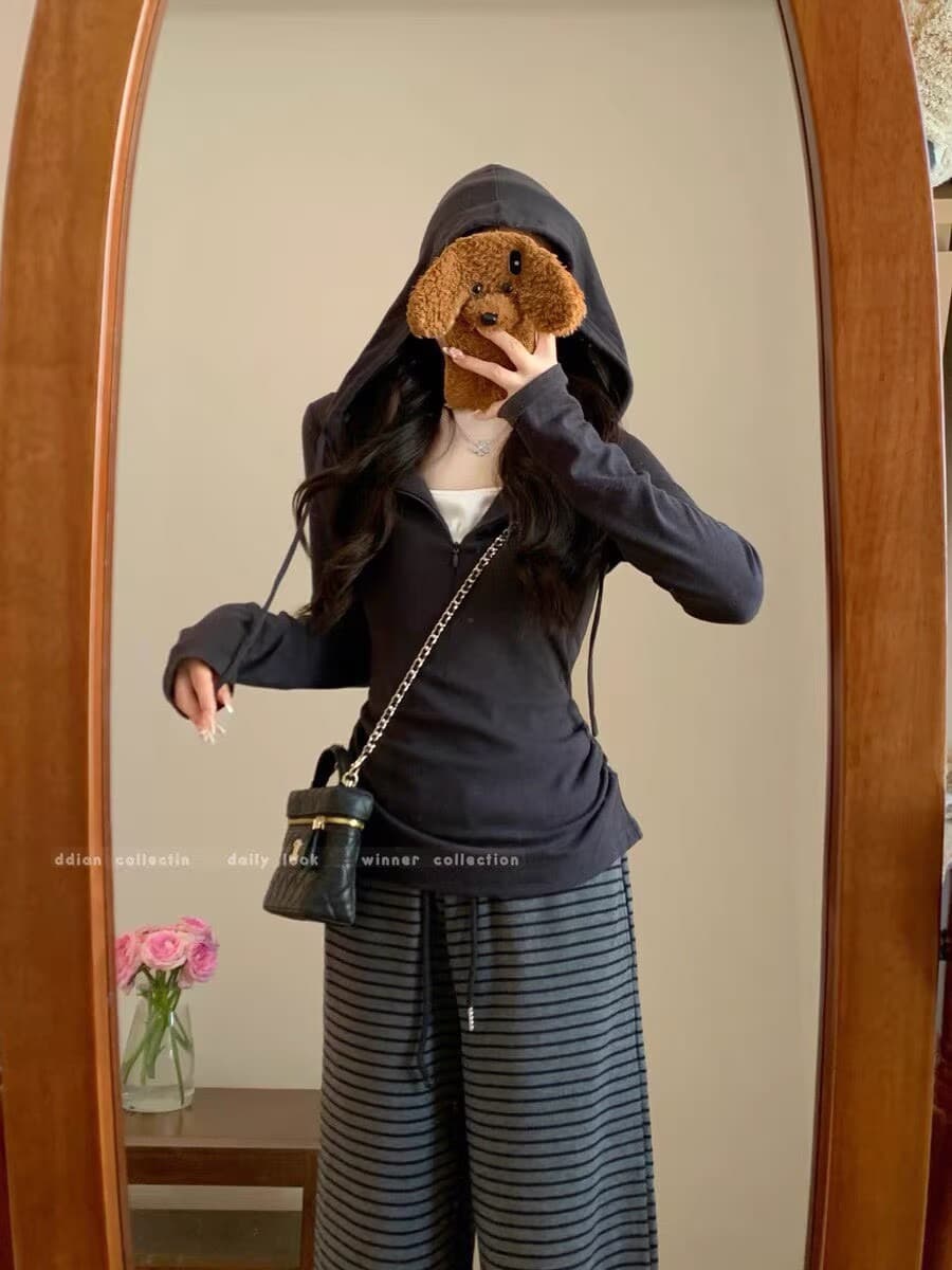 한국 miu 부서 페이크 레이어드 후드 긴팔 티셔츠 여성 조기 가을 디자인 센스 하프 지퍼 몸매 가꾸기 기본 셔츠 맨위 상세 이미지 9