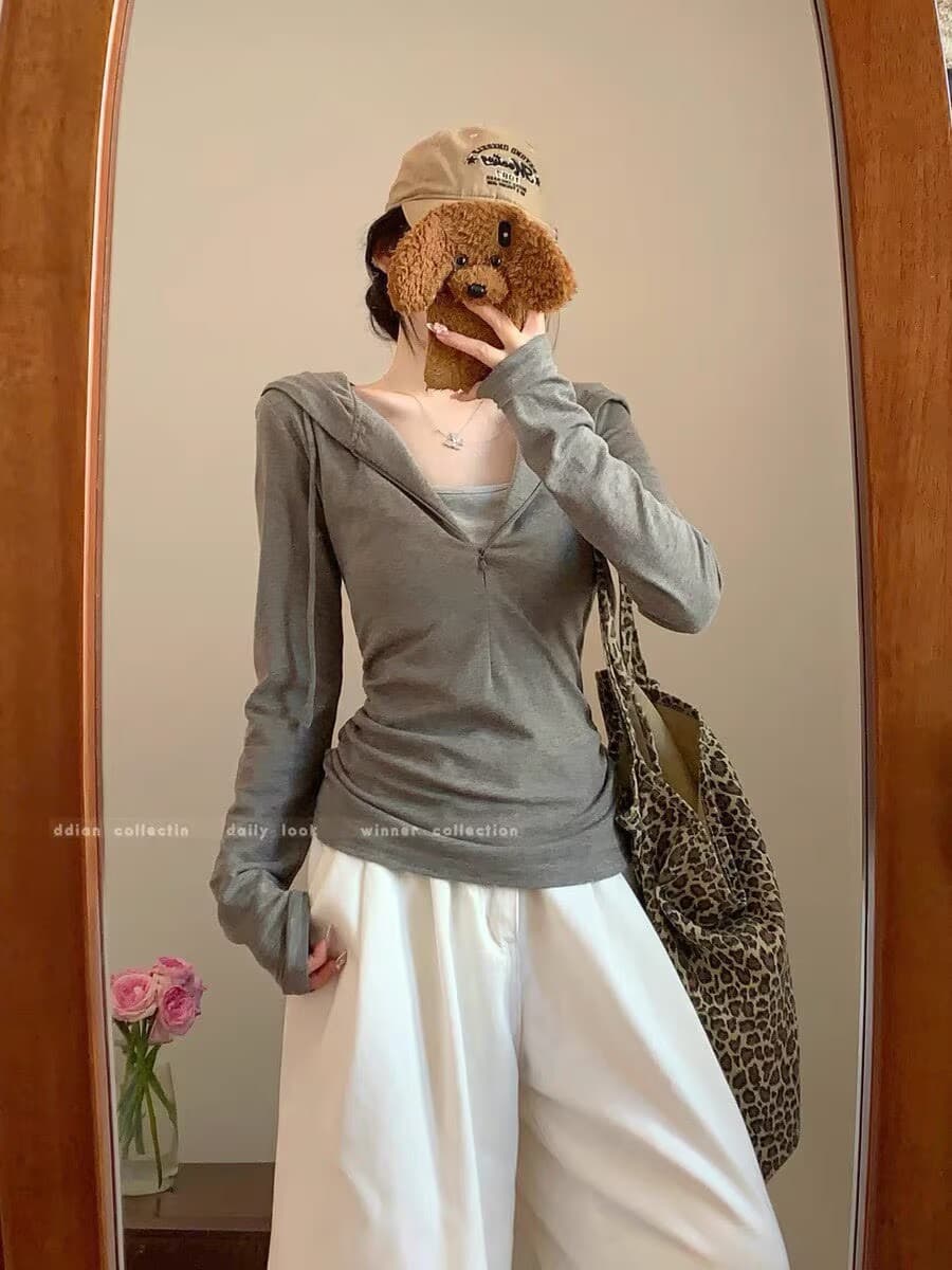 한국 miu 부서 페이크 레이어드 후드 긴팔 티셔츠 여성 조기 가을 디자인 센스 하프 지퍼 몸매 가꾸기 기본 셔츠 맨위 상세 이미지 11