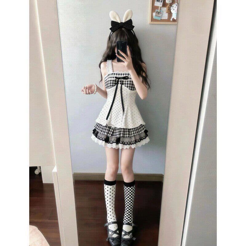 귀여운 달콤함 소녀 센스 자이언트 잘 생긴 세트 여름 레이스 나비 매듭 체크무늬 슬립 맨위 미니 스커트 투피스 세트 이미지 3