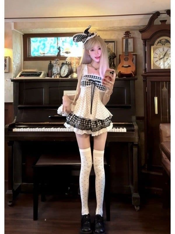 귀여운 달콤함 소녀 센스 자이언트 잘 생긴 세트 여름 레이스 나비 매듭 체크무늬 슬립 맨위 미니 스커트 투피스 세트 상세 이미지 2