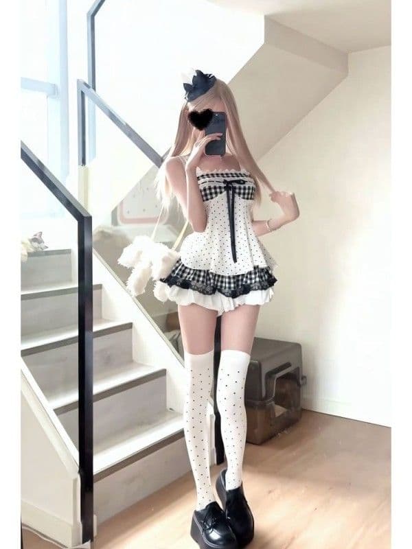 귀여운 달콤함 소녀 센스 자이언트 잘 생긴 세트 여름 레이스 나비 매듭 체크무늬 슬립 맨위 미니 스커트 투피스 세트 상세 이미지 4
