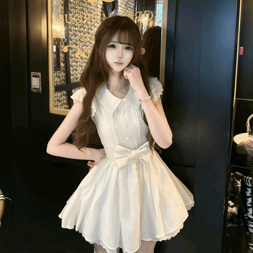 이리저리 떠다니다 번쩍였다 조각 작은 의류 프랑스식 달콤함 연령 감소 살구 색상 학원 스타일 여행 베이비 칼라 여성 드레스 공주 드레스 여름 이미지 2