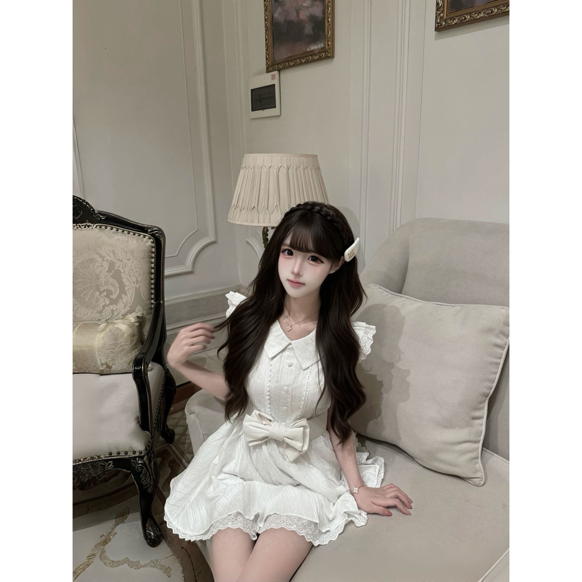 이리저리 떠다니다 번쩍였다 조각 작은 의류 프랑스식 달콤함 연령 감소 살구 색상 학원 스타일 여행 베이비 칼라 여성 드레스 공주 드레스 여름 이미지 2