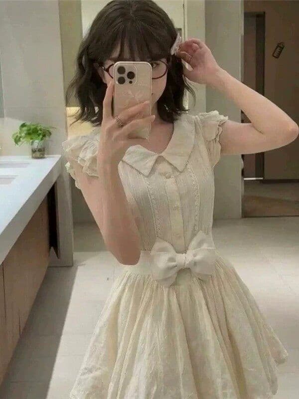 이리저리 떠다니다 번쩍였다 조각 작은 의류 프랑스식 달콤함 연령 감소 살구 색상 학원 스타일 여행 베이비 칼라 여성 드레스 공주 드레스 여름 이미지 2