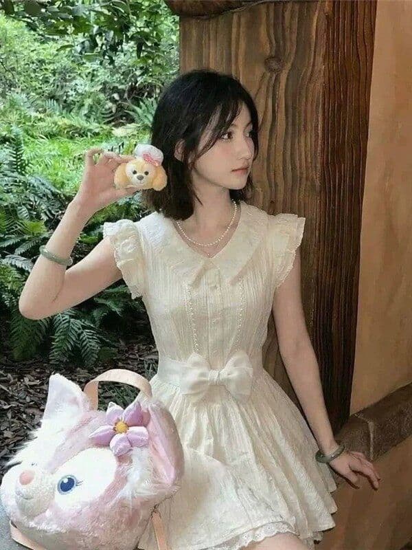 이리저리 떠다니다 번쩍였다 조각 작은 의류 프랑스식 달콤함 연령 감소 살구 색상 학원 스타일 여행 베이비 칼라 여성 드레스 공주 드레스 여름 이미지 4