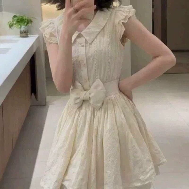 이리저리 떠다니다 번쩍였다 조각 작은 의류 프랑스식 달콤함 연령 감소 살구 색상 학원 스타일 여행 베이비 칼라 여성 드레스 공주 드레스 여름 이미지 5
