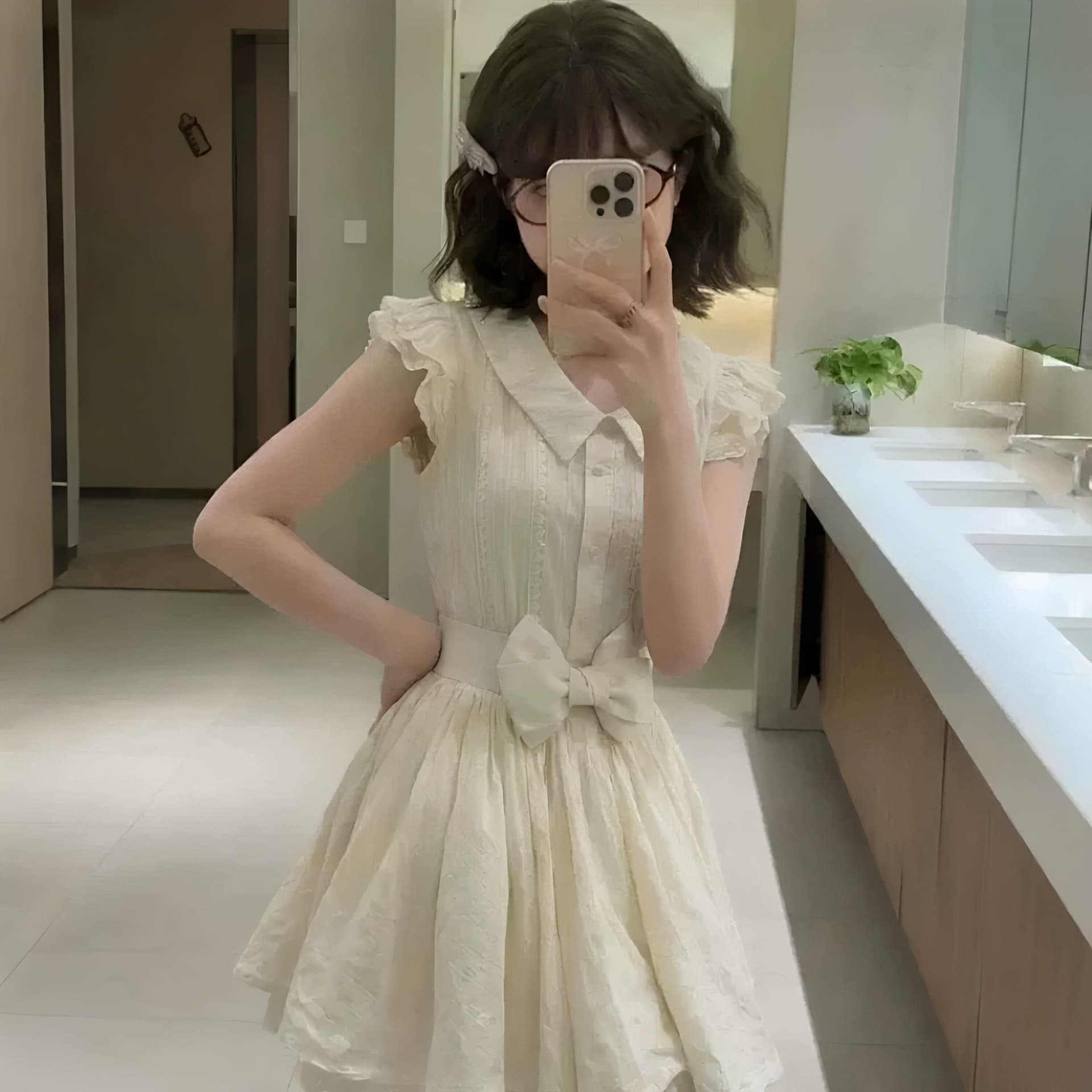 이리저리 떠다니다 번쩍였다 조각 작은 의류 프랑스식 달콤함 연령 감소 살구 색상 학원 스타일 여행 베이비 칼라 여성 드레스 공주 드레스 여름 상세 이미지 7