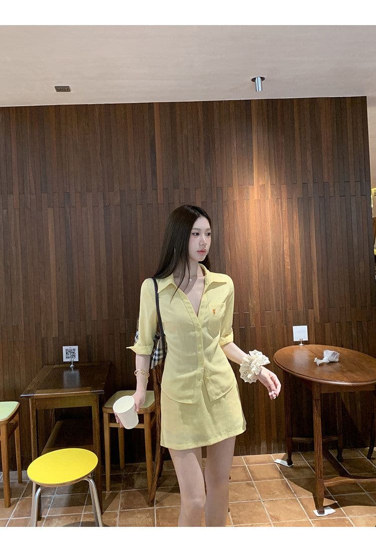 면 린넨 셔츠 여자 2026 새로운 Chic 작은 대중 맨위 프랑스식 황색 허리 수축 셔츠 반신 스커트 투피스 세트 상세 이미지 3