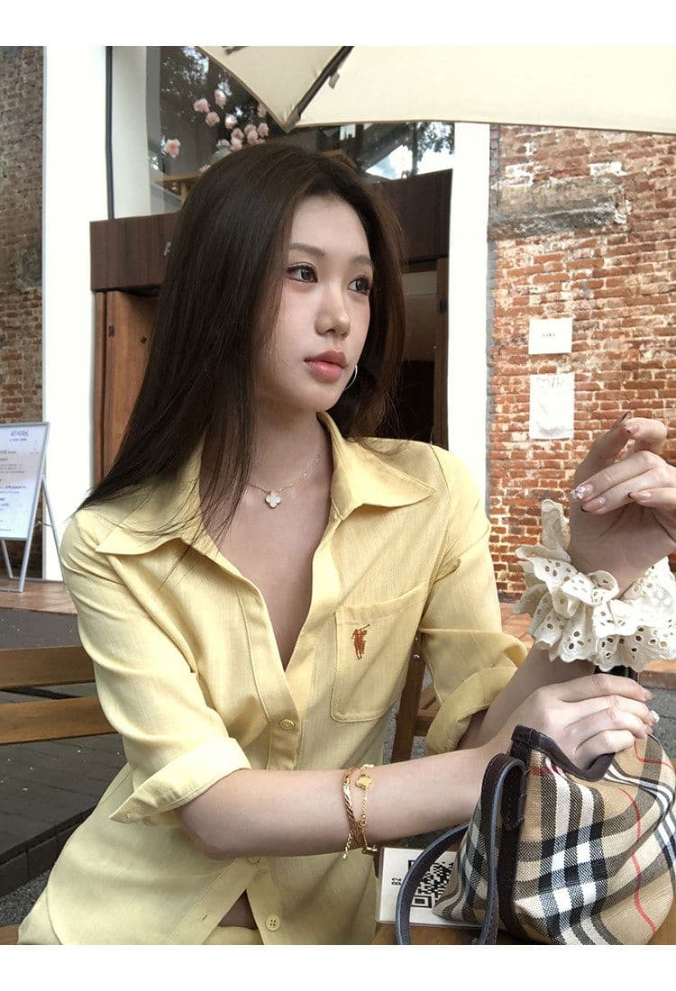 면 린넨 셔츠 여자 2026 새로운 Chic 작은 대중 맨위 프랑스식 황색 허리 수축 셔츠 반신 스커트 투피스 세트 상세 이미지 4
