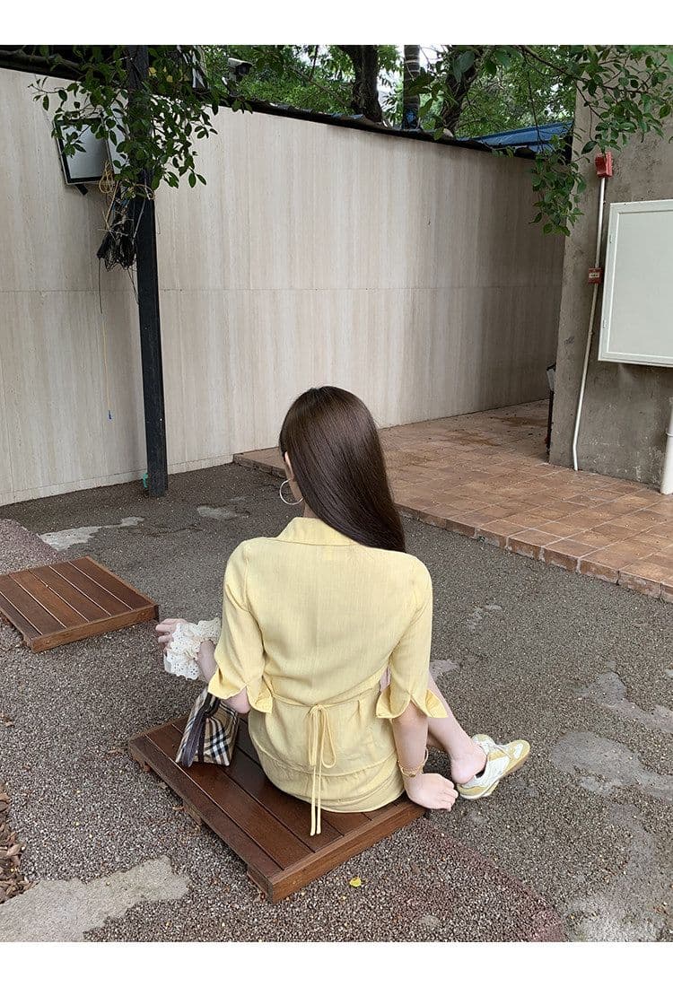 면 린넨 셔츠 여자 2026 새로운 Chic 작은 대중 맨위 프랑스식 황색 허리 수축 셔츠 반신 스커트 투피스 세트 상세 이미지 7