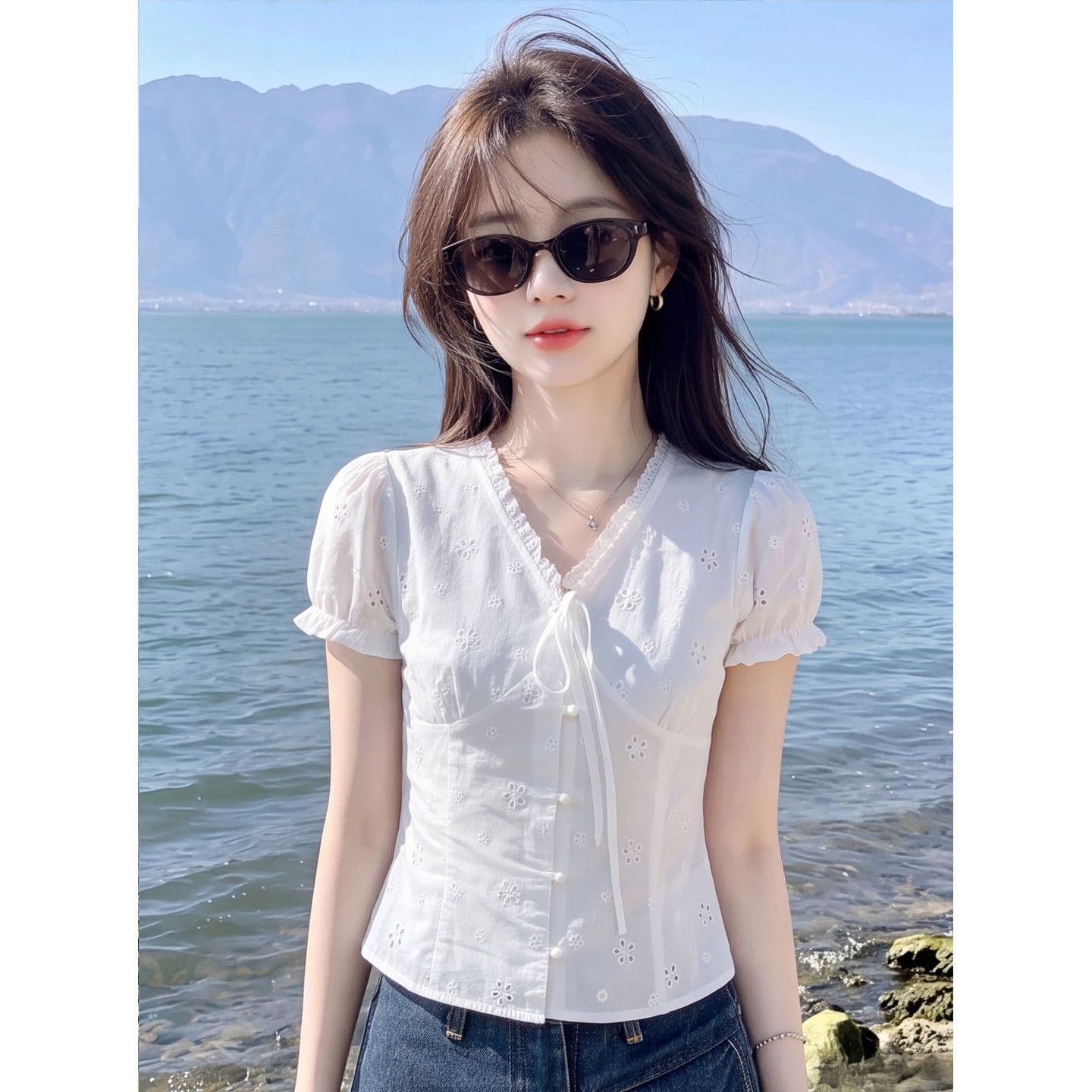자카드 순면 네리 한 부서 순수한 욕망 레이스 레이스업 허리 수축 자수 꽃 거품 소매 쇼트 스타일 화이트 맨위 이미지 2