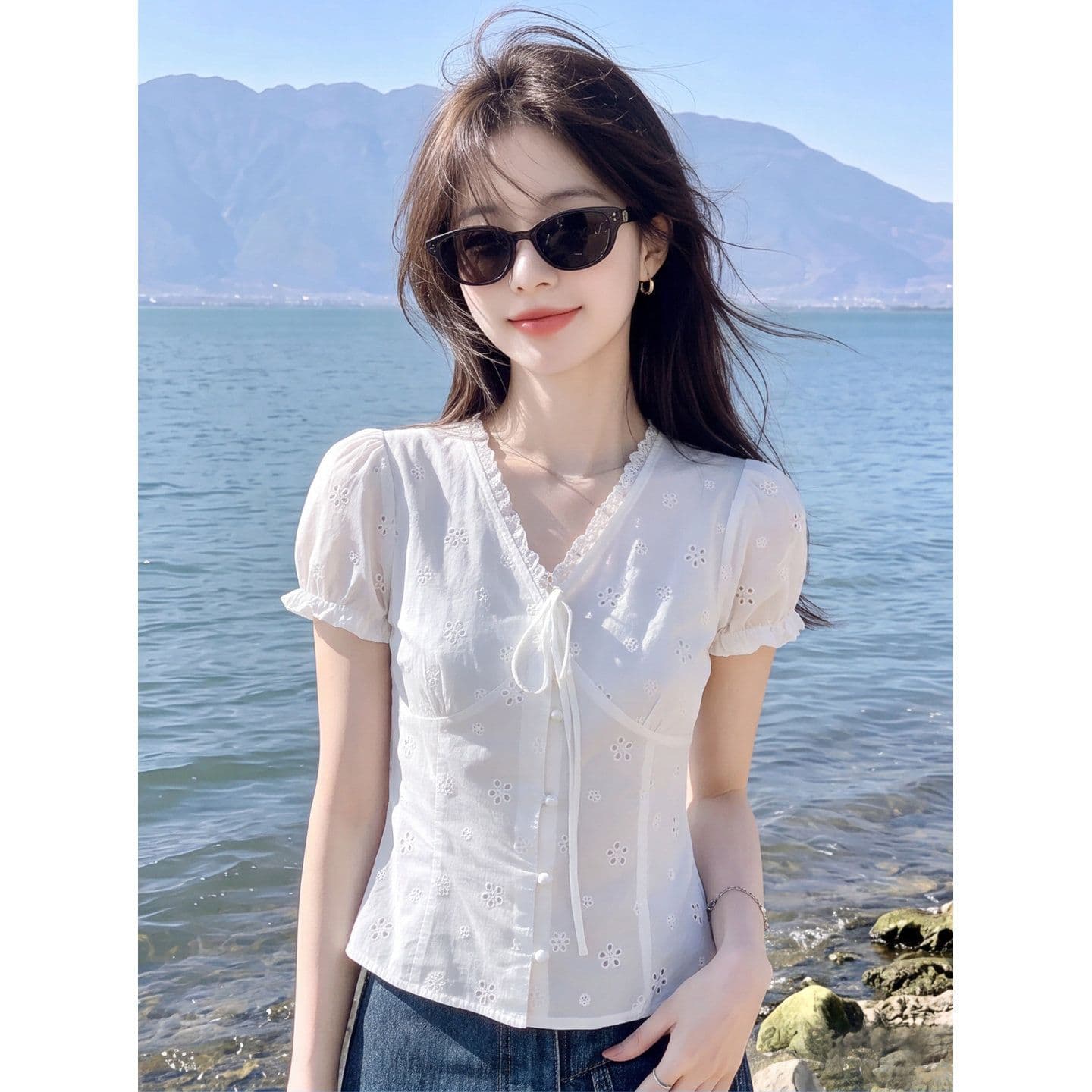 자카드 순면 네리 한 부서 순수한 욕망 레이스 레이스업 허리 수축 자수 꽃 거품 소매 쇼트 스타일 화이트 맨위 상세 이미지 2