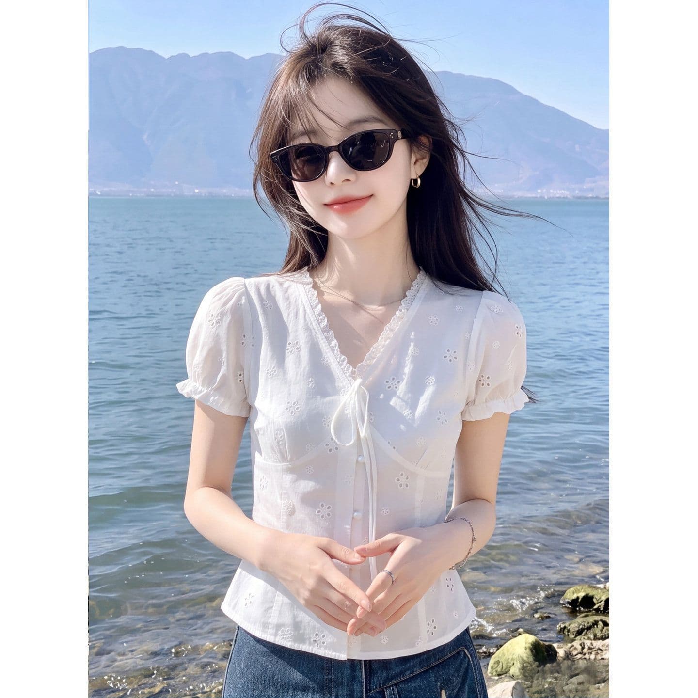 자카드 순면 네리 한 부서 순수한 욕망 레이스 레이스업 허리 수축 자수 꽃 거품 소매 쇼트 스타일 화이트 맨위 상세 이미지 3
