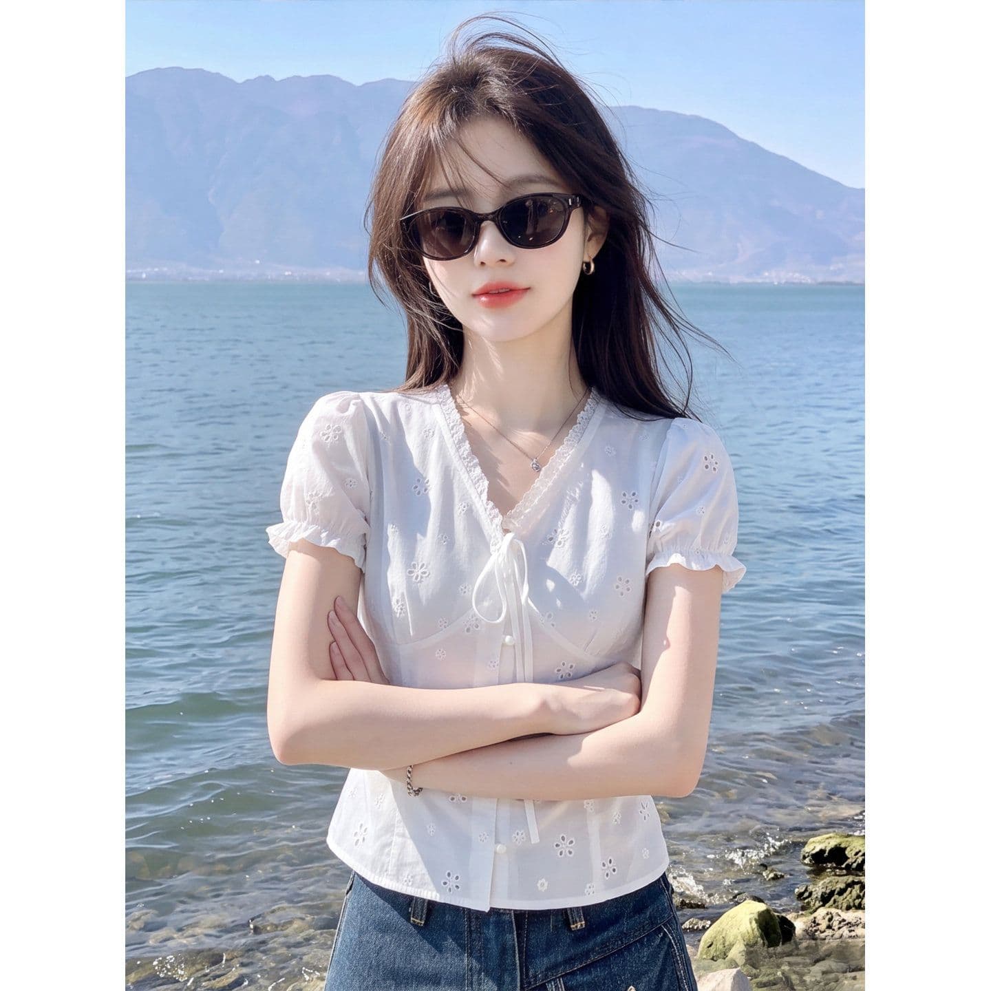 자카드 순면 네리 한 부서 순수한 욕망 레이스 레이스업 허리 수축 자수 꽃 거품 소매 쇼트 스타일 화이트 맨위 상세 이미지 4