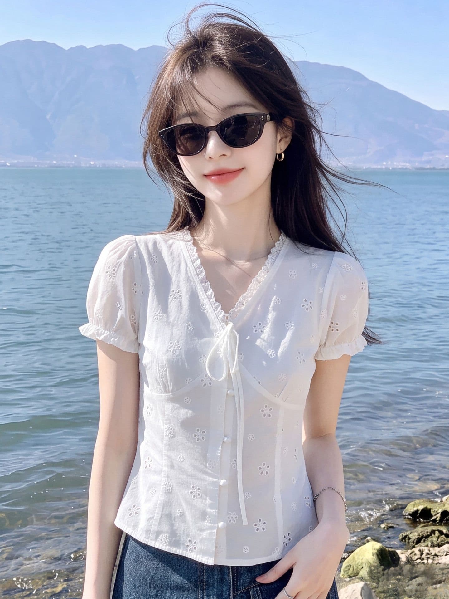 자카드 순면 네리 한 부서 순수한 욕망 레이스 레이스업 허리 수축 자수 꽃 거품 소매 쇼트 스타일 화이트 맨위 상세 이미지 6