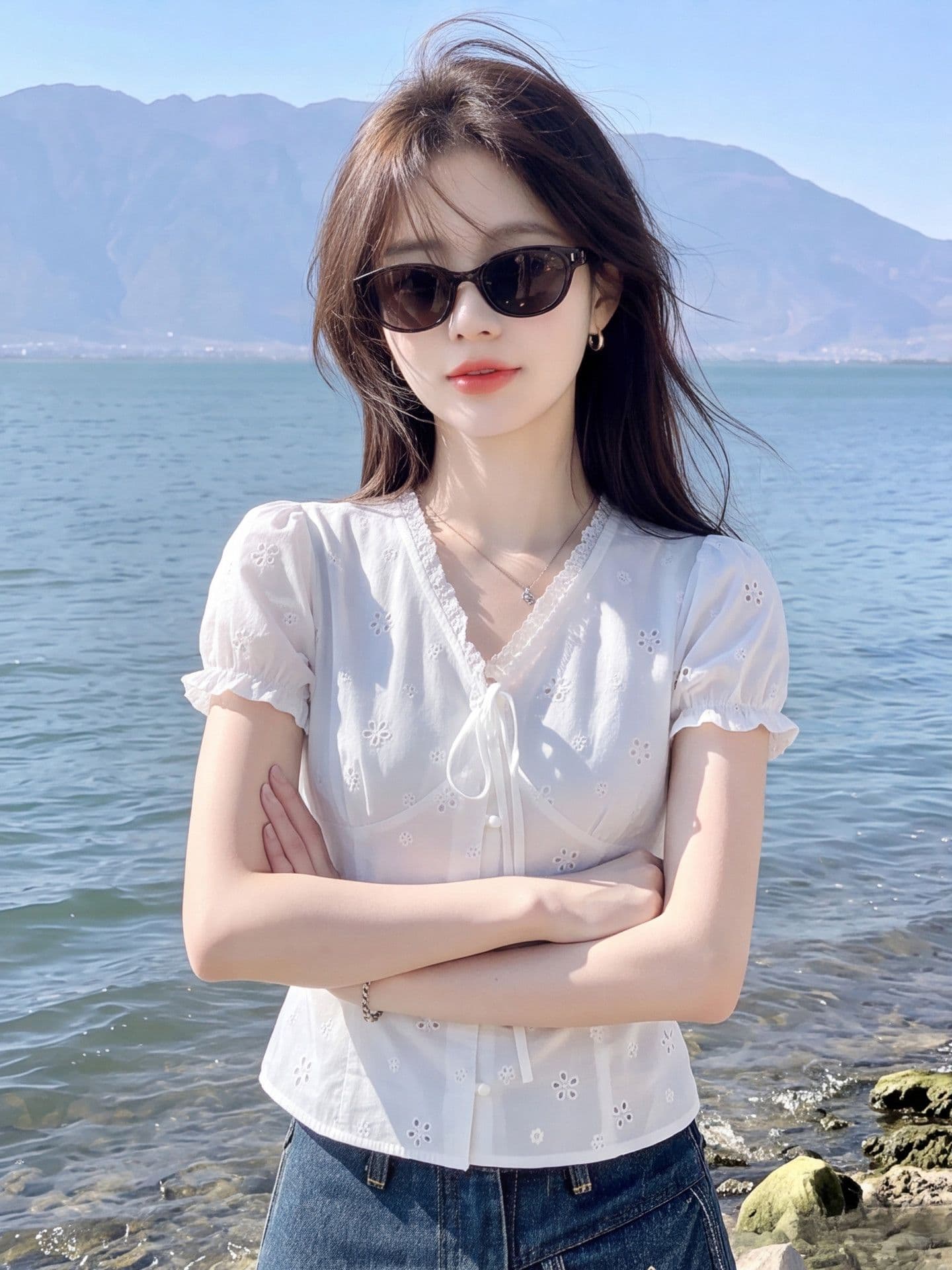 자카드 순면 네리 한 부서 순수한 욕망 레이스 레이스업 허리 수축 자수 꽃 거품 소매 쇼트 스타일 화이트 맨위 상세 이미지 8