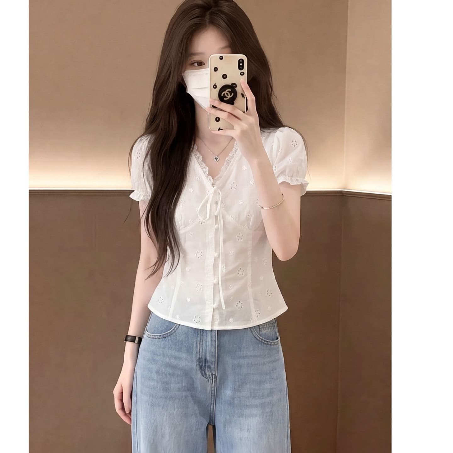 자카드 순면 네리 한 부서 우유 달콤한 바람 홀로우 아웃 작은 꽃 v 칼라 스트랩 허리 수축 거품 소매 흰 셔츠