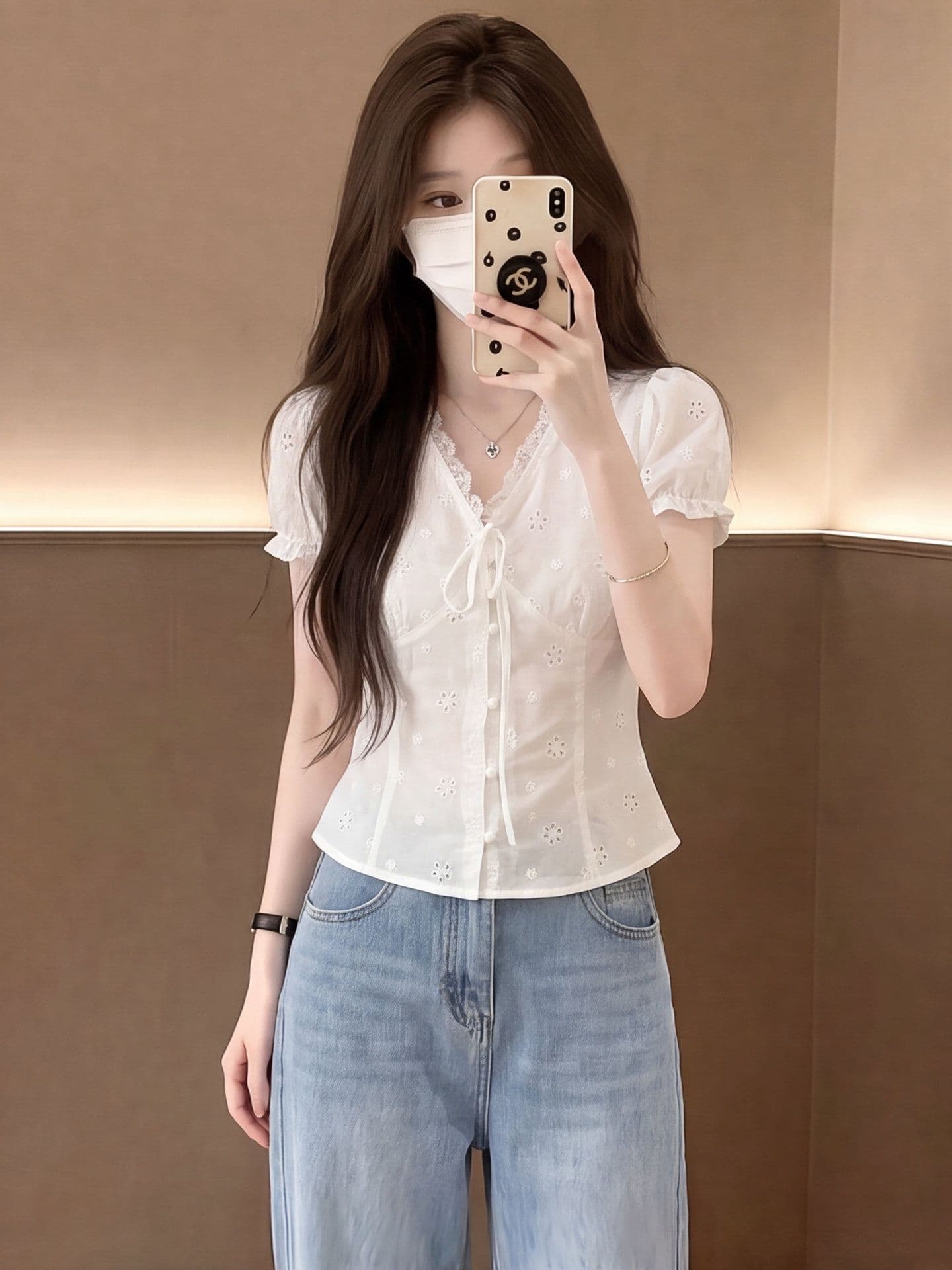 자카드 순면 네리 한 부서 우유 달콤한 바람 홀로우 아웃 작은 꽃 v 칼라 스트랩 허리 수축 거품 소매 흰 셔츠 상세 이미지 6
