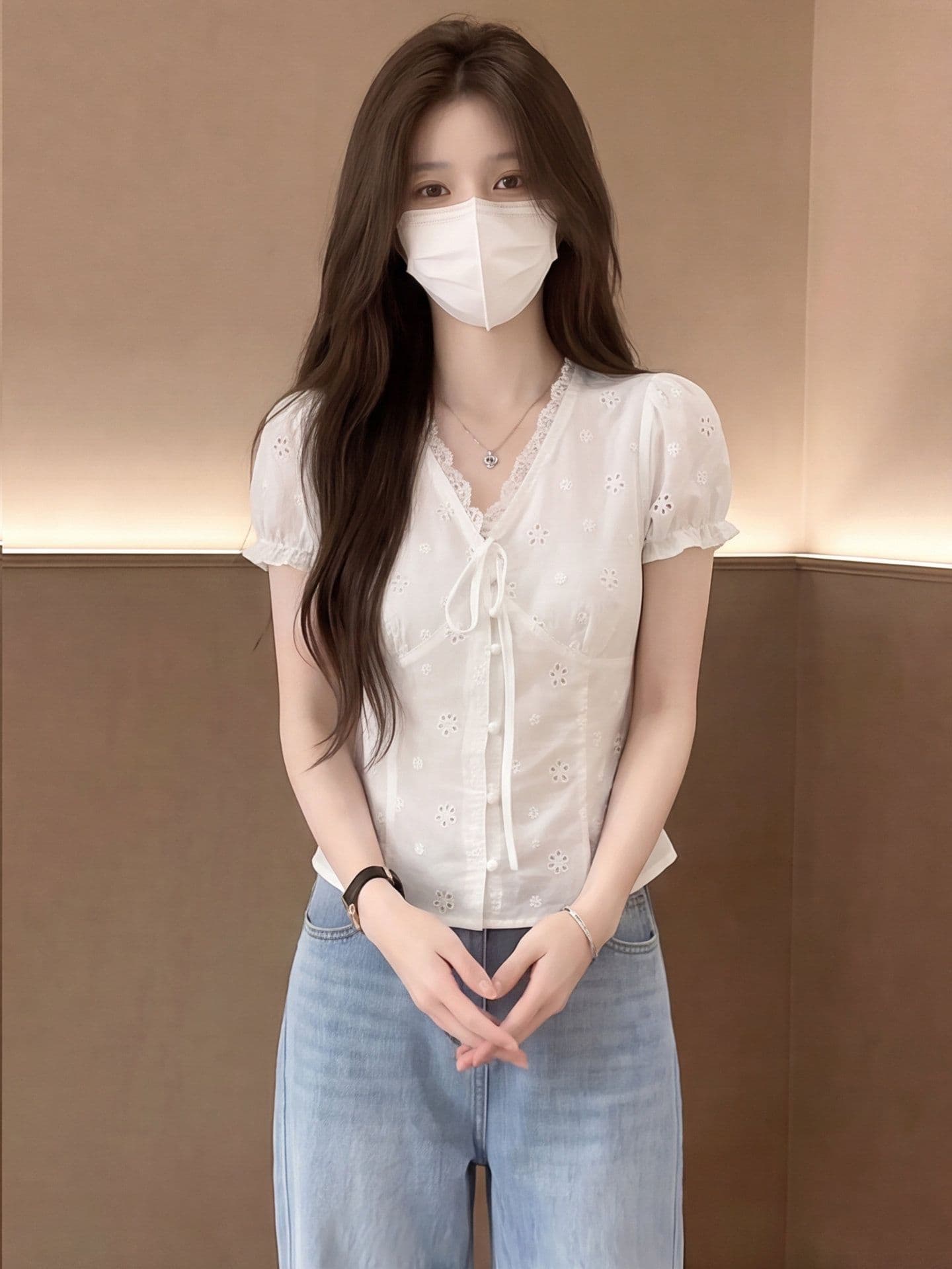 자카드 순면 네리 한 부서 우유 달콤한 바람 홀로우 아웃 작은 꽃 v 칼라 스트랩 허리 수축 거품 소매 흰 셔츠 상세 이미지 7