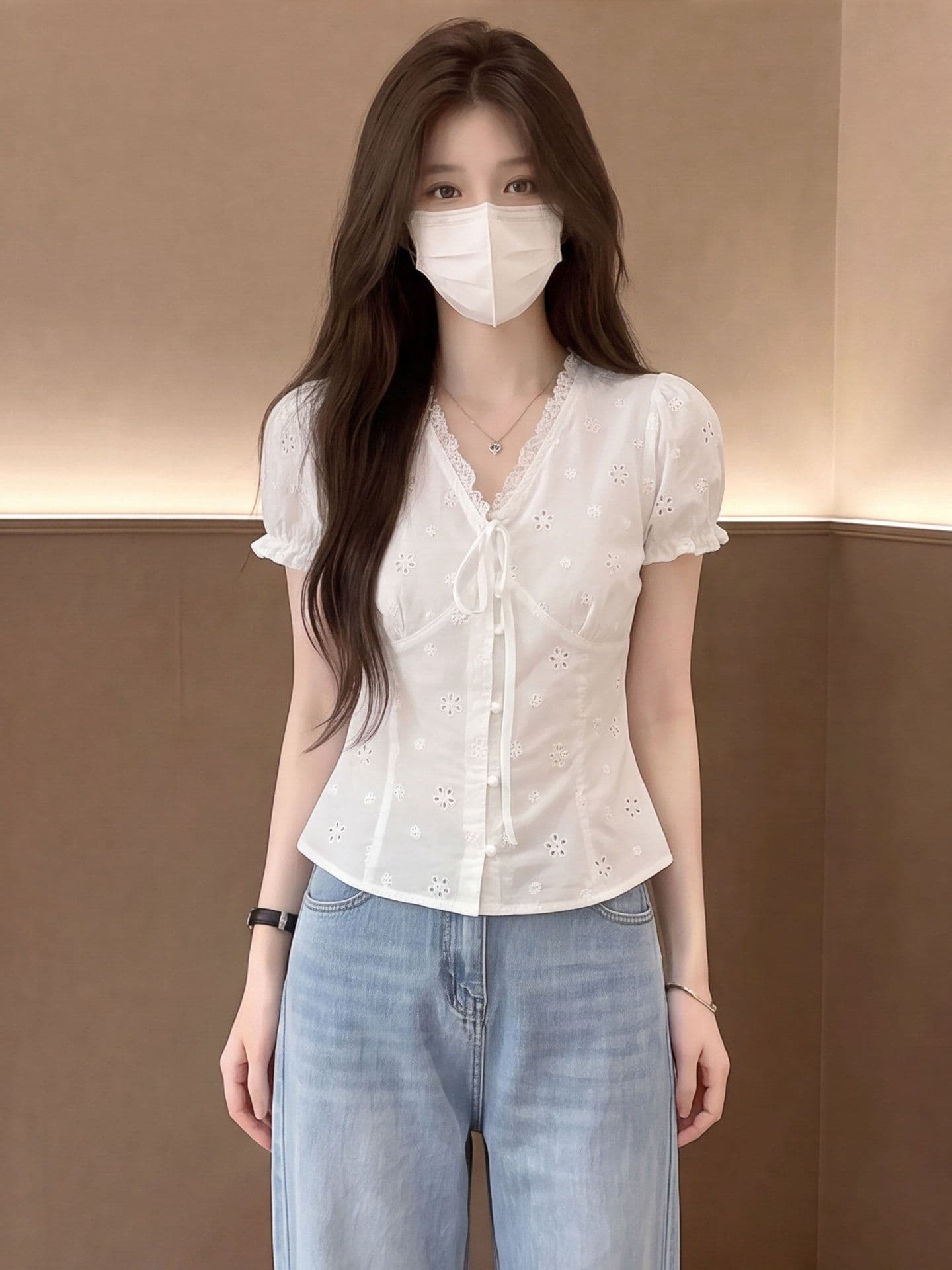 자카드 순면 네리 한 부서 우유 달콤한 바람 홀로우 아웃 작은 꽃 v 칼라 스트랩 허리 수축 거품 소매 흰 셔츠 상세 이미지 8