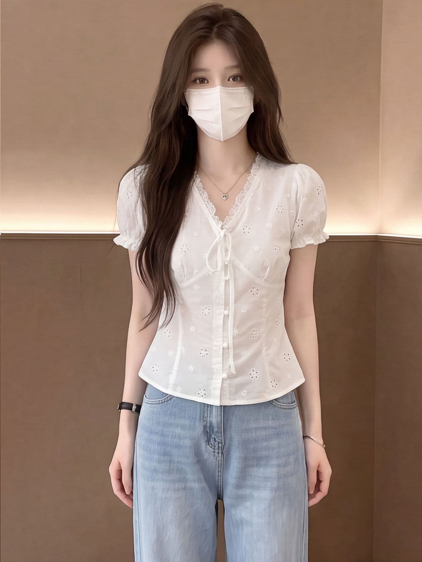 자카드 순면 네리 한 부서 우유 달콤한 바람 홀로우 아웃 작은 꽃 v 칼라 스트랩 허리 수축 거품 소매 흰 셔츠 상세 이미지 9
