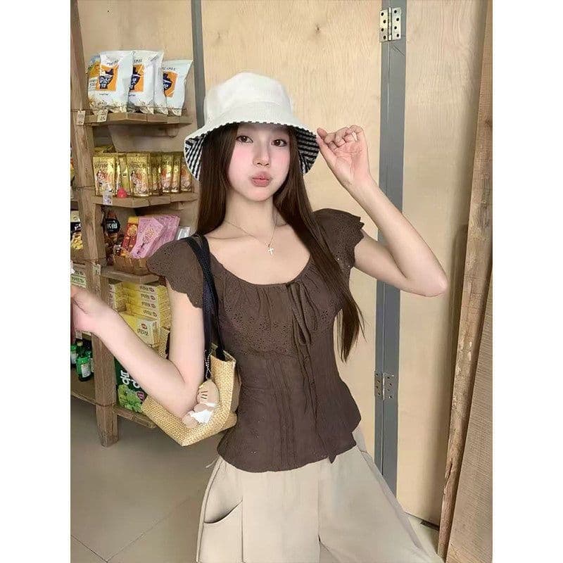자카드 순면 네리 명중 가져 가라. 한 부서 chic 브라운 보라색 둘 색상 오프숄더 자수 허리 수축 슬림해 보이는 짧은 맨위 이미지 3