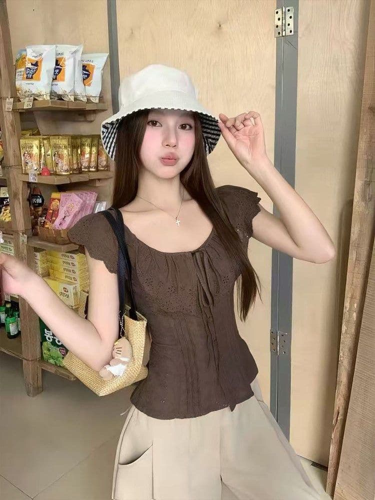 자카드 순면 네리 명중 가져 가라. 한 부서 chic 브라운 보라색 둘 색상 오프숄더 자수 허리 수축 슬림해 보이는 짧은 맨위 상세 이미지 4