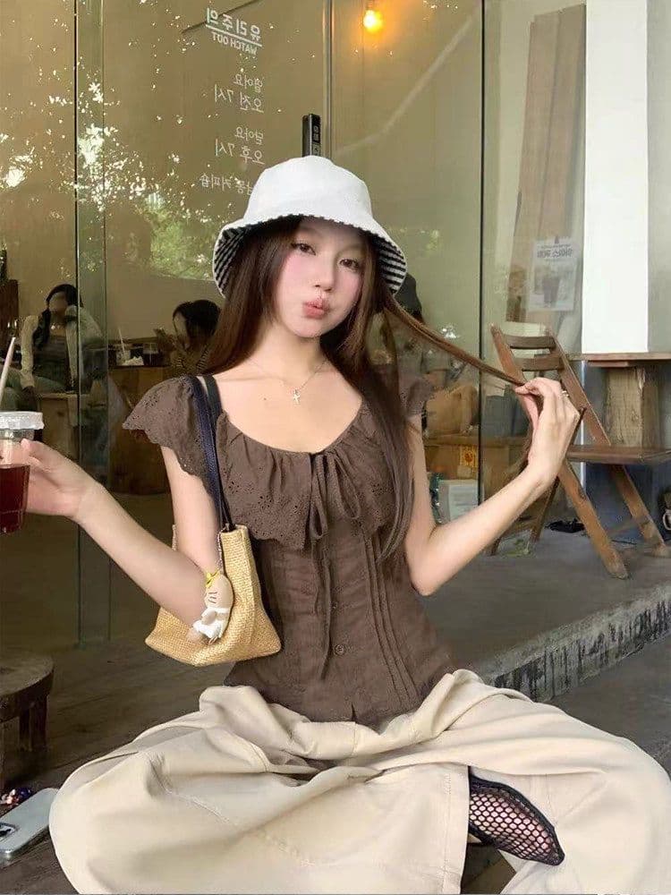 자카드 순면 네리 명중 가져 가라. 한 부서 chic 브라운 보라색 둘 색상 오프숄더 자수 허리 수축 슬림해 보이는 짧은 맨위 상세 이미지 5
