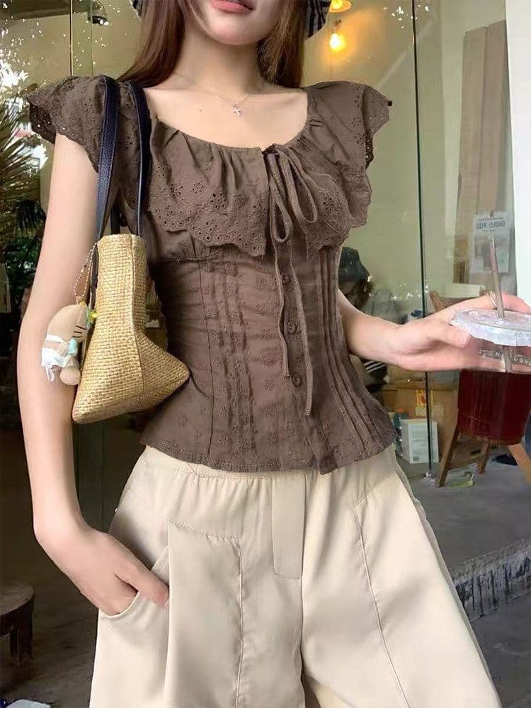 자카드 순면 네리 명중 가져 가라. 한 부서 chic 브라운 보라색 둘 색상 오프숄더 자수 허리 수축 슬림해 보이는 짧은 맨위 상세 이미지 6