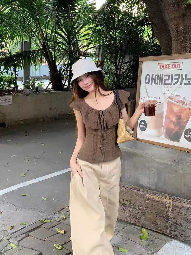 자카드 순면 네리 명중 가져 가라. 한 부서 chic 브라운 보라색 둘 색상 오프숄더 자수 허리 수축 슬림해 보이는 짧은 맨위 상세 이미지 7