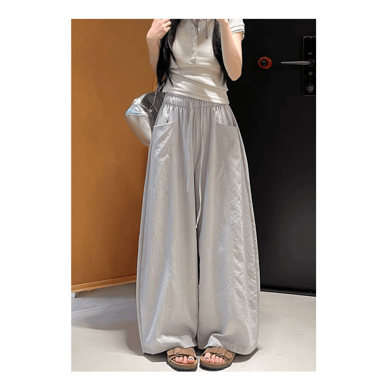 한 부서 chic 여성 여름 얇은 스타일 미니멀리즘 바람 허리밴드 펌프 로프 느긋한 루즈핏 스트레이트 캐주얼 굴곡 바지 이미지 5
