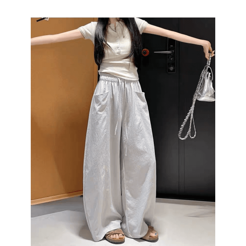 한 부서 chic 여성 여름 얇은 스타일 미니멀리즘 바람 허리밴드 펌프 로프 느긋한 루즈핏 스트레이트 캐주얼 굴곡 바지 이미지 4