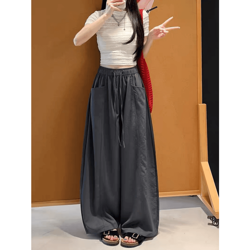 한 부서 chic 여성 여름 얇은 스타일 미니멀리즘 바람 허리밴드 펌프 로프 느긋한 루즈핏 스트레이트 캐주얼 굴곡 바지 이미지 3