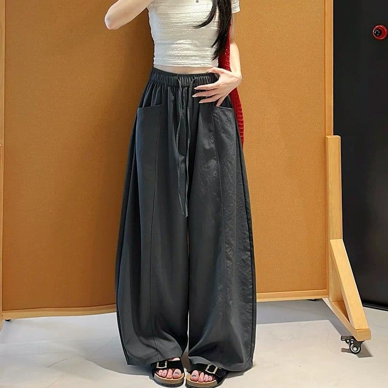 한 부서 chic 여성 여름 얇은 스타일 미니멀리즘 바람 허리밴드 펌프 로프 느긋한 루즈핏 스트레이트 캐주얼 굴곡 바지 이미지 2