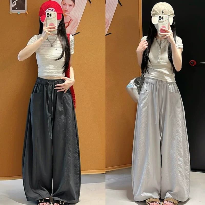 한 부서 chic 여성 여름 얇은 스타일 미니멀리즘 바람 허리밴드 펌프 로프 느긋한 루즈핏 스트레이트 캐주얼 굴곡 바지