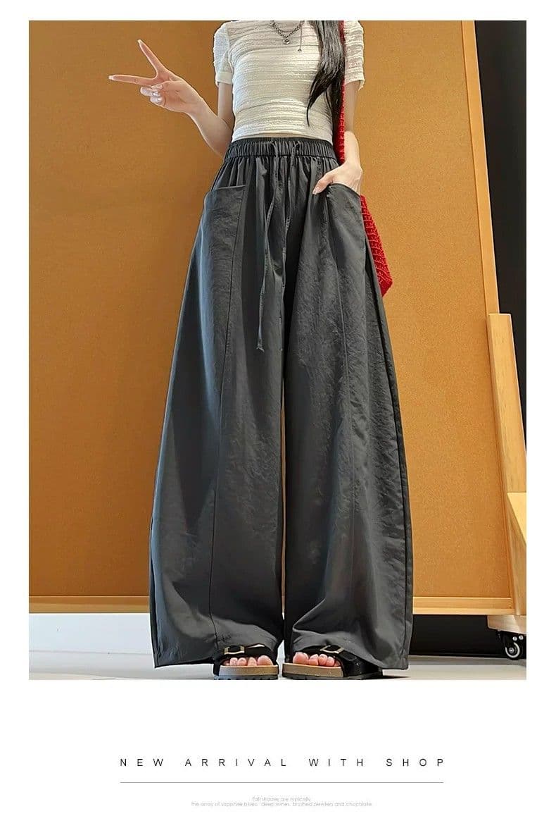 한 부서 chic 여성 여름 얇은 스타일 미니멀리즘 바람 허리밴드 펌프 로프 느긋한 루즈핏 스트레이트 캐주얼 굴곡 바지 상세 이미지 15