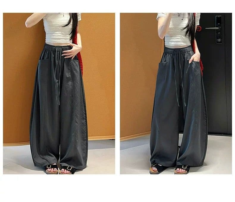 한 부서 chic 여성 여름 얇은 스타일 미니멀리즘 바람 허리밴드 펌프 로프 느긋한 루즈핏 스트레이트 캐주얼 굴곡 바지 상세 이미지 16