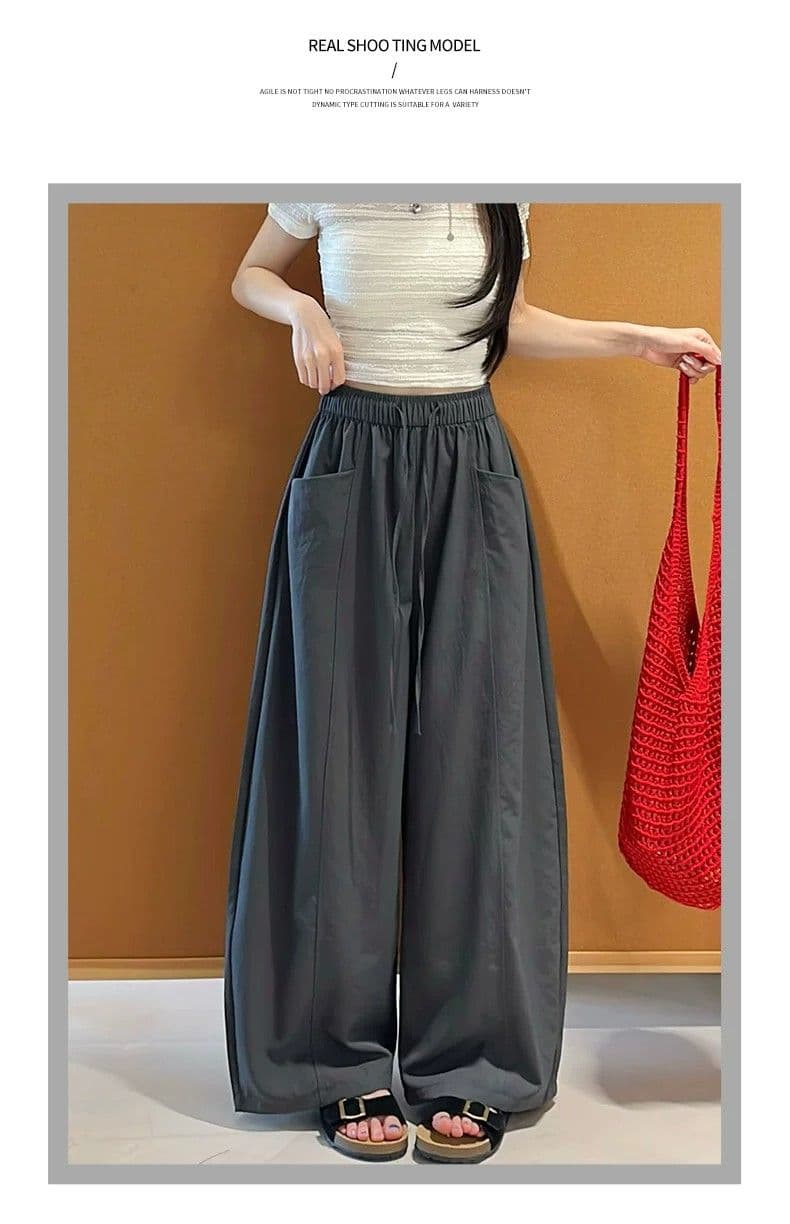 한 부서 chic 여성 여름 얇은 스타일 미니멀리즘 바람 허리밴드 펌프 로프 느긋한 루즈핏 스트레이트 캐주얼 굴곡 바지 상세 이미지 17