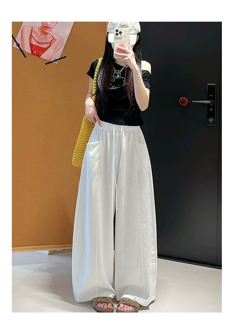 한 부서 chic 여성 여름 얇은 스타일 미니멀리즘 바람 허리밴드 펌프 로프 느긋한 루즈핏 스트레이트 캐주얼 굴곡 바지 상세 이미지 18