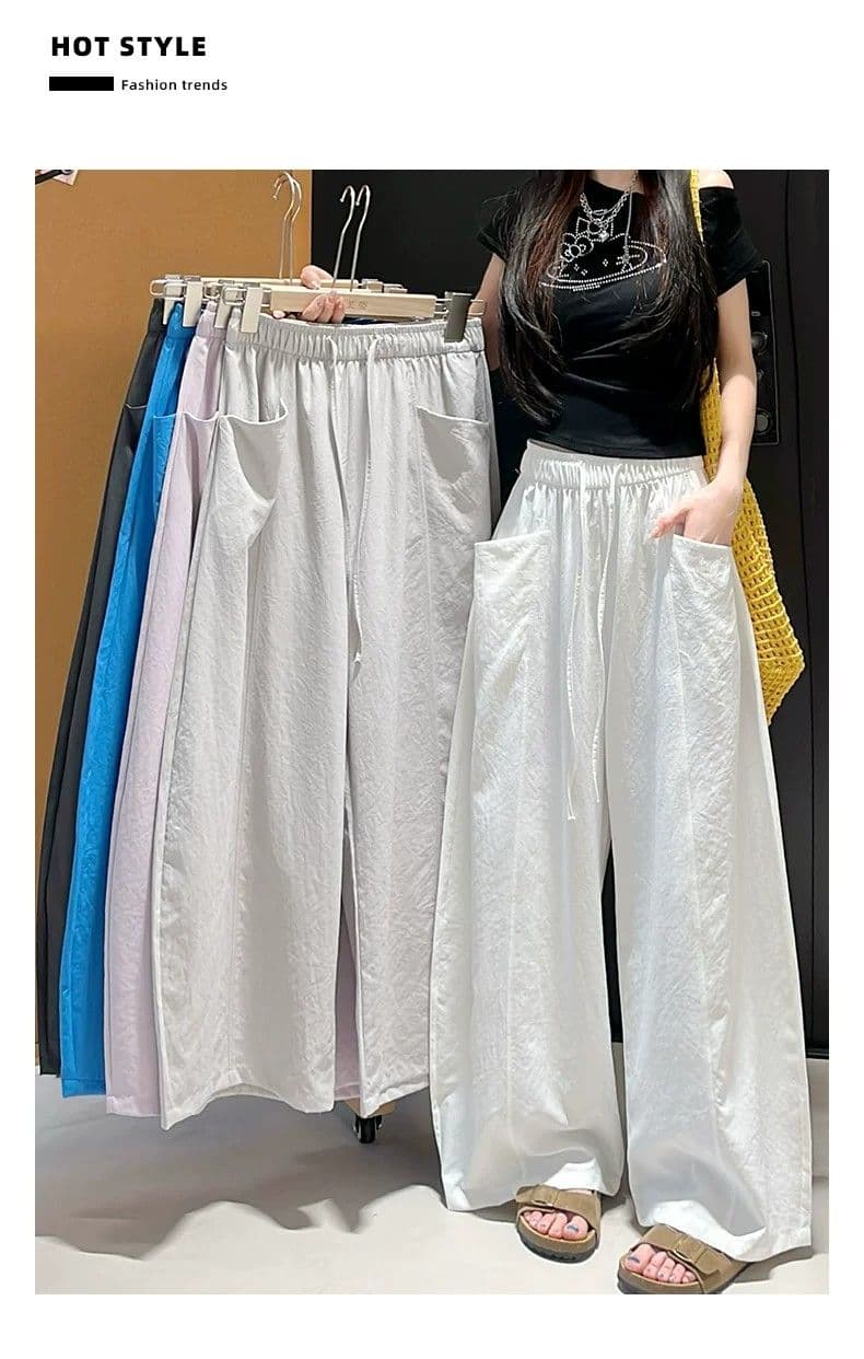 한 부서 chic 여성 여름 얇은 스타일 미니멀리즘 바람 허리밴드 펌프 로프 느긋한 루즈핏 스트레이트 캐주얼 굴곡 바지 상세 이미지 19