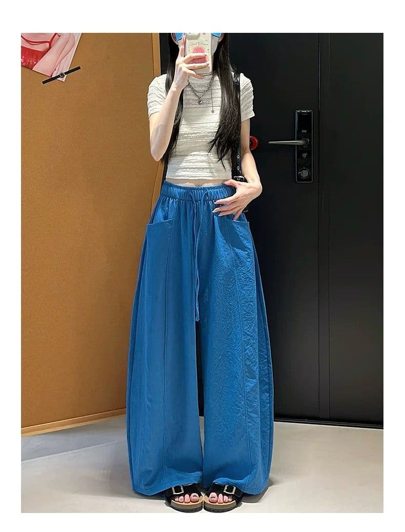 한 부서 chic 여성 여름 얇은 스타일 미니멀리즘 바람 허리밴드 펌프 로프 느긋한 루즈핏 스트레이트 캐주얼 굴곡 바지 상세 이미지 20