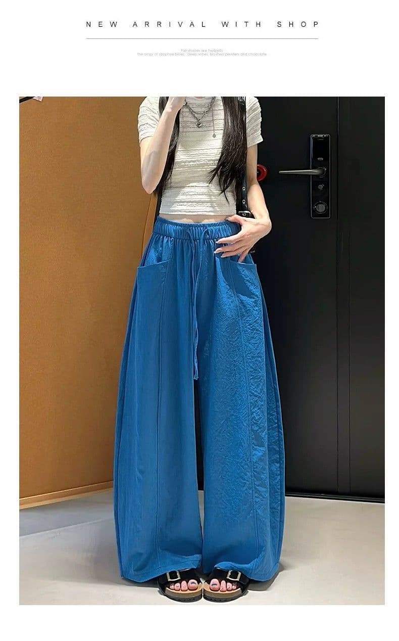 한 부서 chic 여성 여름 얇은 스타일 미니멀리즘 바람 허리밴드 펌프 로프 느긋한 루즈핏 스트레이트 캐주얼 굴곡 바지 상세 이미지 21