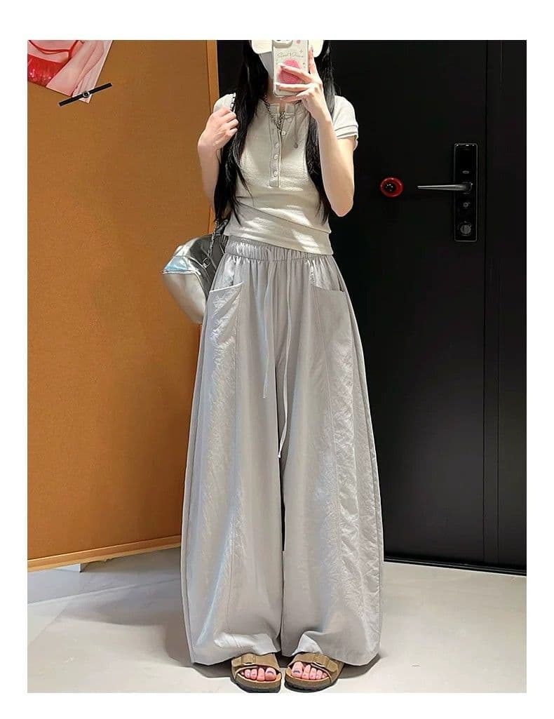 한 부서 chic 여성 여름 얇은 스타일 미니멀리즘 바람 허리밴드 펌프 로프 느긋한 루즈핏 스트레이트 캐주얼 굴곡 바지 상세 이미지 22