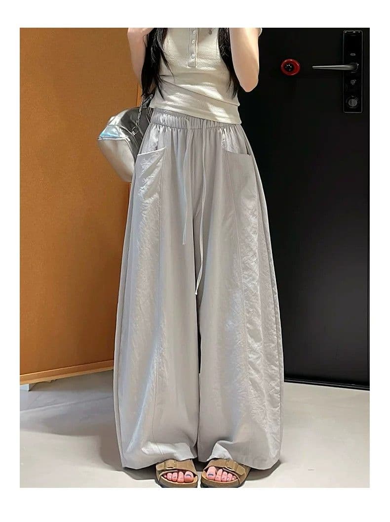 한 부서 chic 여성 여름 얇은 스타일 미니멀리즘 바람 허리밴드 펌프 로프 느긋한 루즈핏 스트레이트 캐주얼 굴곡 바지 상세 이미지 23