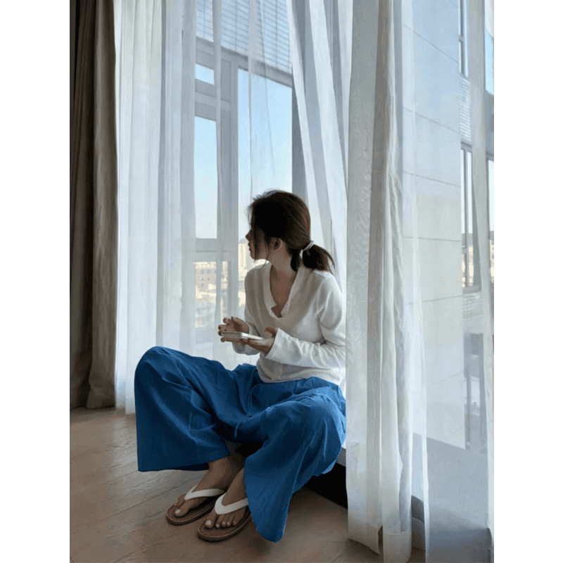 한 부서 chic 여성 여름 얇은 스타일 미니멀리즘 바람 허리밴드 펌프 로프 느긋한 루즈핏 스트레이트 캐주얼 굴곡 바지 이미지 5