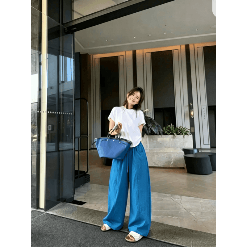 한 부서 chic 여성 여름 얇은 스타일 미니멀리즘 바람 허리밴드 펌프 로프 느긋한 루즈핏 스트레이트 캐주얼 굴곡 바지 이미지 4
