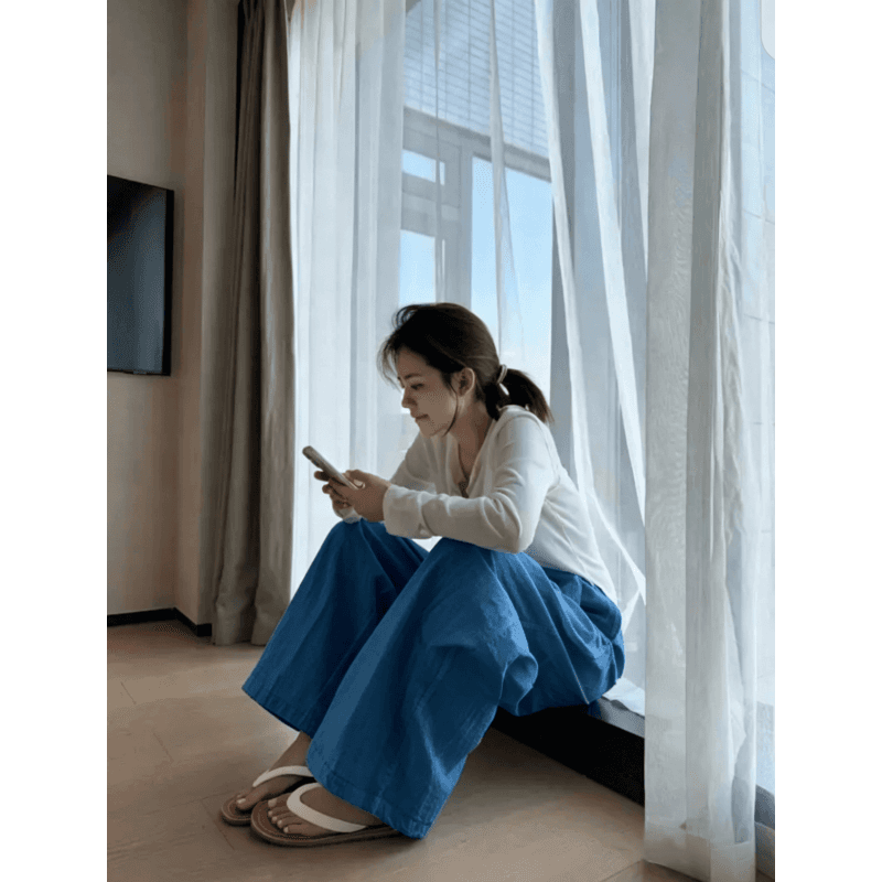 한 부서 chic 여성 여름 얇은 스타일 미니멀리즘 바람 허리밴드 펌프 로프 느긋한 루즈핏 스트레이트 캐주얼 굴곡 바지 이미지 3