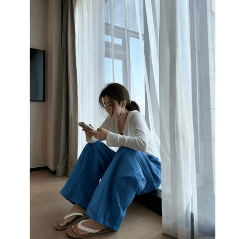 한 부서 chic 여성 여름 얇은 스타일 미니멀리즘 바람 허리밴드 펌프 로프 느긋한 루즈핏 스트레이트 캐주얼 굴곡 바지
