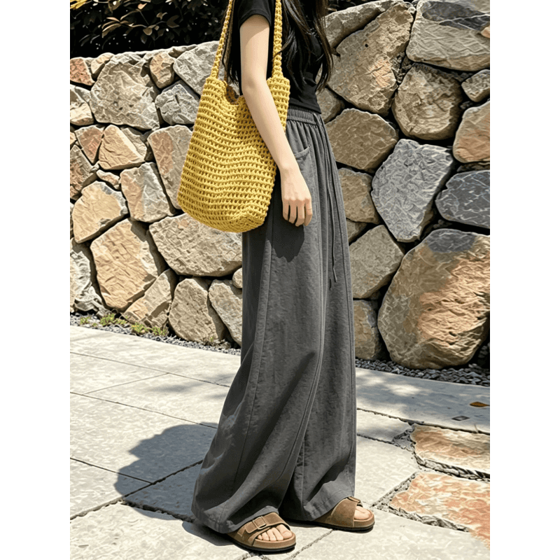 한 부서 chic 여성 여름 얇은 스타일 미니멀리즘 바람 허리밴드 펌프 로프 느긋한 루즈핏 스트레이트 캐주얼 굴곡 바지 이미지 2