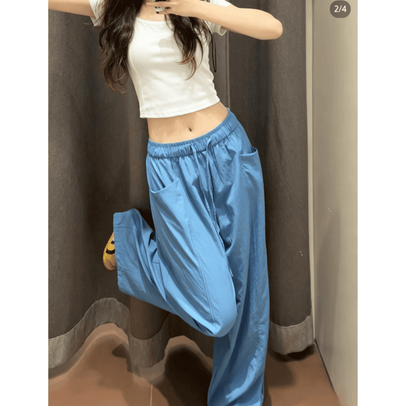 한 부서 chic 여성 여름 얇은 스타일 미니멀리즘 바람 허리밴드 펌프 로프 느긋한 루즈핏 스트레이트 캐주얼 굴곡 바지 이미지 4